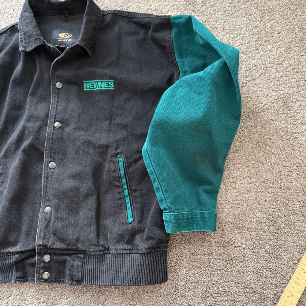 NEWNES Mens Black‎ Teal Colorblock Denim Jacket Size Large - Picture 6 of 10